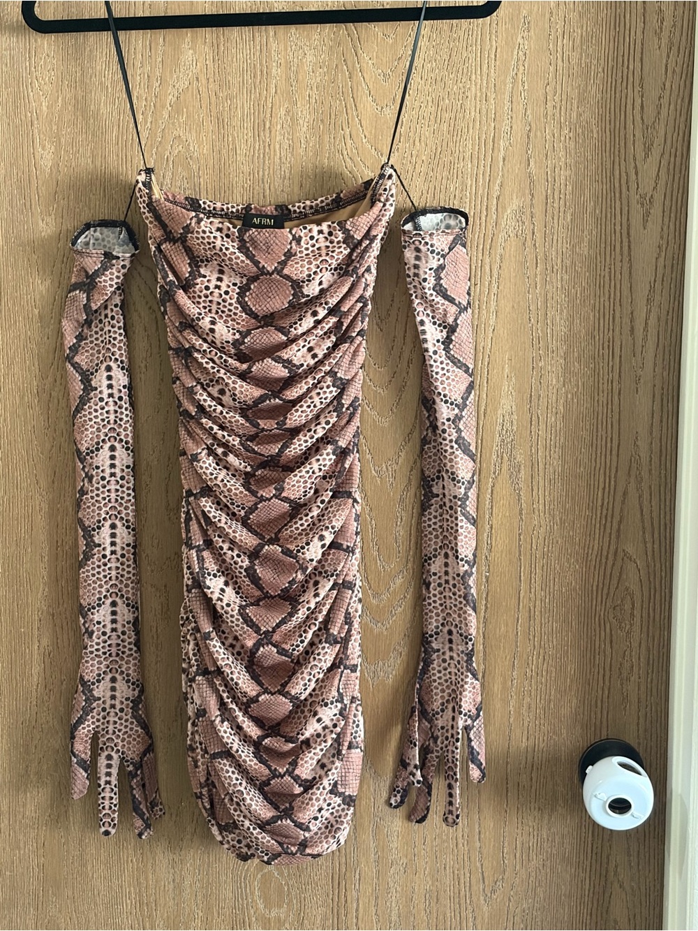 AFRM Python Rose Dust Print Ruched Mini Dress with Matching Long Gloves